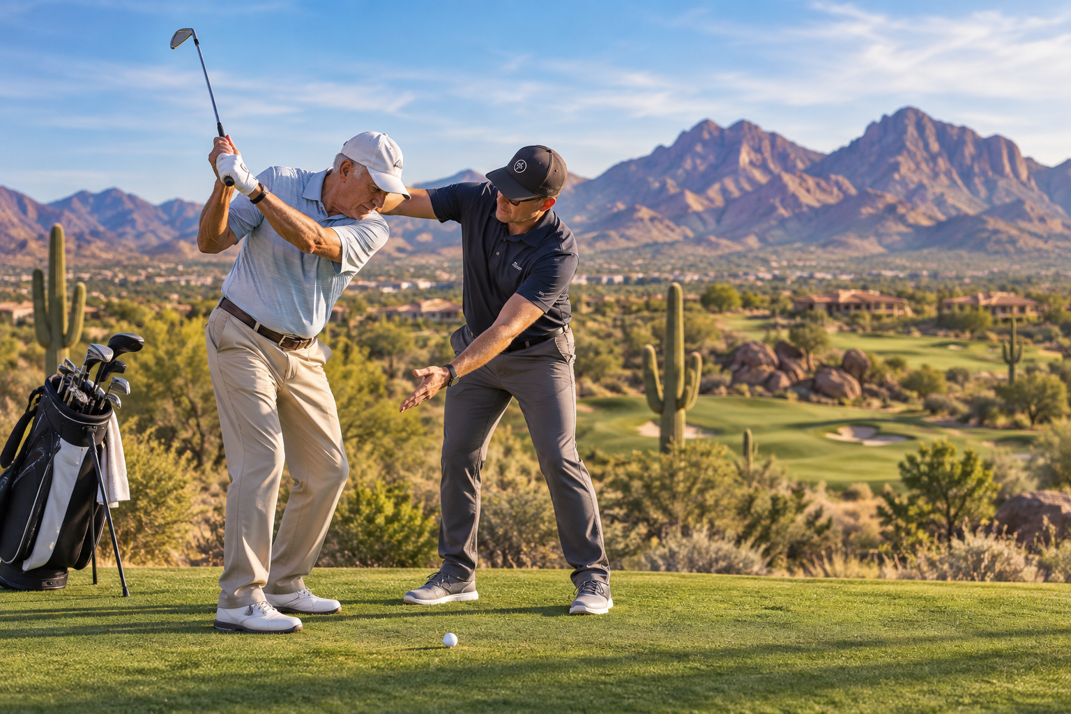 A senior golfer works with a coach on an Arizona course with desert mountains and saguaro cacti in the background